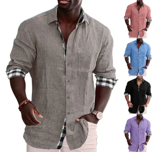 Camicia da uomo a maniche lunghe con dettagli a quadri e varie opzioni di colori disponibili.