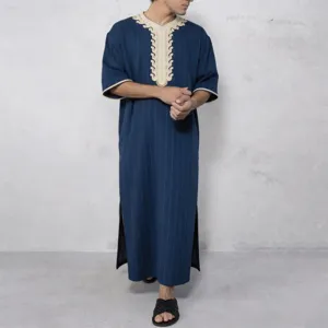 Men's traditional long thobe casual loose V-neck pinstripe robe with contrast trim detail.