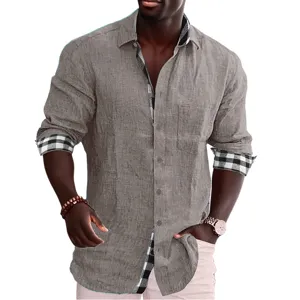 Camicia casual da uomo a manica lunga con colletto e polsini a quadri contrastanti, comoda.