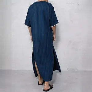 Men's summer striped long robe casual V-neck short sleeve thobe with side slits detail.