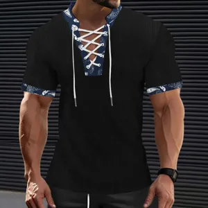 Men's casual short sleeve V-neck lace-up t-shirt with paisley trim and ribbed fabric design.