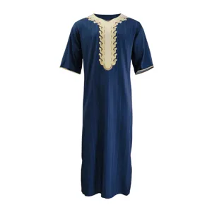 Details of the traditional men's dark blue long thobe, featuring exquisite gold V-neck trim.