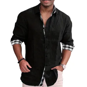 Camicia uomo casual a manica lunga con colletto e polsini a quadri, elegante e comoda.
