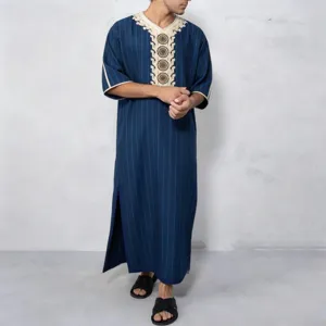Men's traditional striped long thobe kaftan with embroidered V-neck and side slits detail.