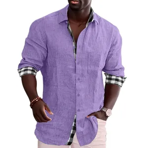 Camicia uomo viola a maniche lunghe dettaglio polsini a quadri bianco e nero