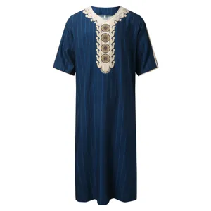 Men's traditional long robe blue vertical stripes V-neck short sleeve casual caftan thobe dress