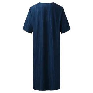 Men's Summer Striped Long Thobe V-Neck Mid-Sleeve Casual Robe Traditional Loose Style