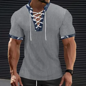 Men's stylish ribbed short sleeve V-neck lace-up t-shirt with paisley contrast trim.