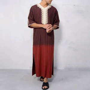 Men's traditional gradient striped long thobe detail view, showing V-neck and side slit design.