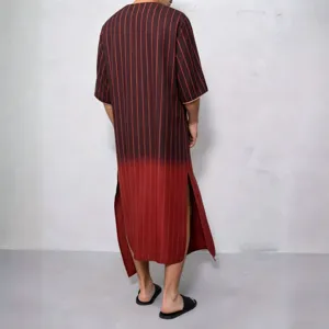 Detailed back view of men's gradient striped long robe featuring side slit design.