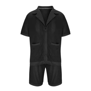 Black mesh fabric detail of the casual short-sleeve shirt and shorts set texture closeup.