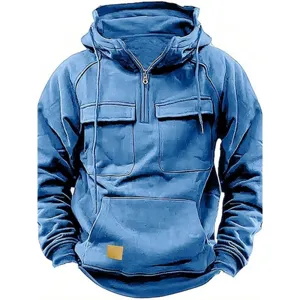 Herren einfarbiger Kapuzenpullover Fruehling Herbst Sport Multi-Taschen Sweatshirt