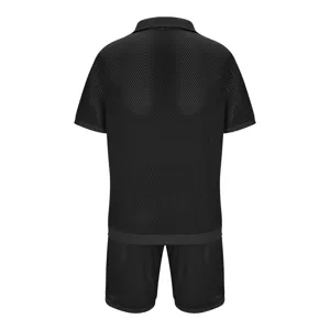 Black mesh knit two-piece set, breathable short sleeve lapel cardigan and shorts for men.