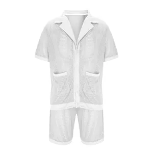 Men's white mesh two-piece set featuring a short sleeve lapel cardigan and matching shorts.