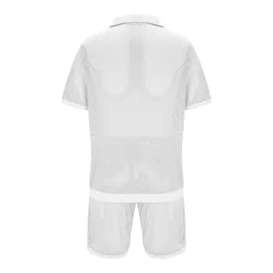 Men white mesh two-piece set lapel short sleeve cardigan and shorts breathable ice knitwear.