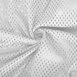White mesh fabric detail, breathable ice-cooling knit material close-up for clothing.
