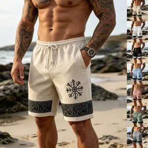 Men lightweight linen blend casual beach shorts with viking totem print and drawstring waist.