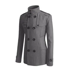Close-up detail of the men's grey wool coat featuring stand collar and double-breasted buttons.