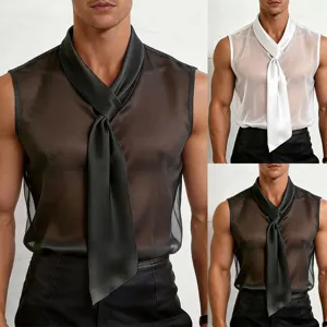 Gedetailleerd overzicht van heren transparante mesh mouwloze top met elegante satijnen stropdas.