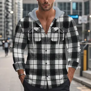 Men's classic black and white plaid hooded flannel shirt detail, casual long sleeve jacket top.