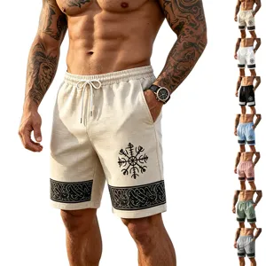 Detailed view of the Viking totem print and adjustable drawstring waist on men linen shorts.