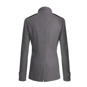 Back view details of men's grey wool coat showing slim fit tailoring and stand collar.