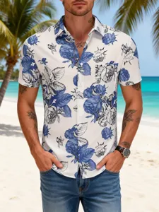 Men's Casual Hawaiian Short Sleeve Shirt Blue White Floral Beach Resort Top