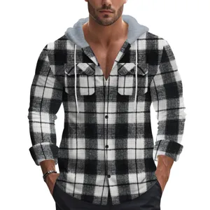 Men's black and white plaid hooded shirt detail view, casual long sleeve button jacket style.