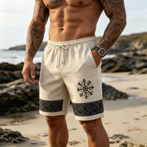 Mens casual linen-blend beach shorts with Viking rune print drawstring waist detail.