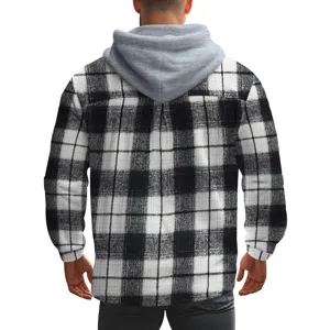 Detailed back view of men's casual black and white plaid hooded flannel shirt jacket texture.