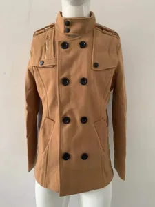 Men's khaki wool blend coat double breasted stand collar trench jacket detail view