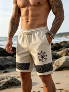 Men's Casual Summer Beach Shorts Loose Fit Straight Leg Shorts With Viking Totem Print Drawstring Waist