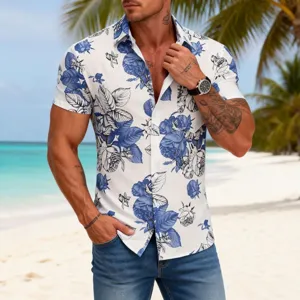 Men's Hawaiian blue and white floral print short sleeve beach vacation shirt close-up detail
