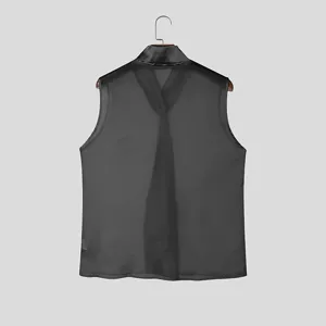 Heren zwart doorschijnend mesh mouwloos satijnstrik sexy clubwear top detailweergave.