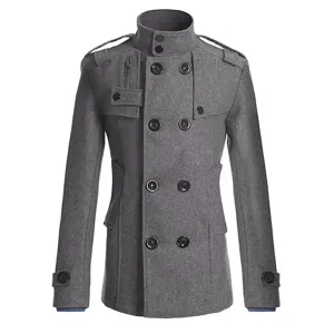 Men's Slim Fit Stand Collar Double Breasted Wool Blend Trench Coat Winter Jacket