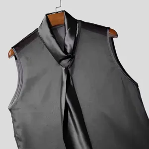 Heren satijn sjaal kraag mesh mouwloos vest donker clubwear top detail weergave