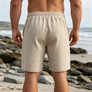 Men's casual beige linen-blend beach shorts with elastic waist for summer holiday comfort