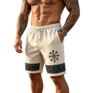 Close-up detail of men casual linen-blend shorts with Viking rune print and drawstring waist.
