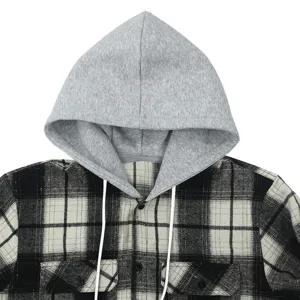 Close up detail of mens black and white plaid hooded flannel shirt with drawstring hood.