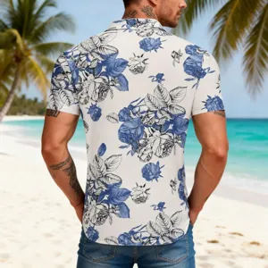 Men's blue white floral short sleeve Hawaiian shirt detailed view showcasing print fabric.