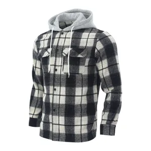 Men's casual black and white plaid flannel shirt with grey hood long sleeve button down top