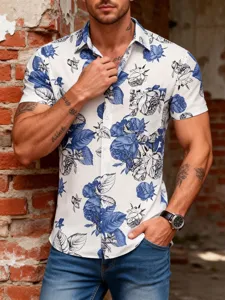 Men's blue and white floral short sleeve Hawaiian shirt casual resort button down top.