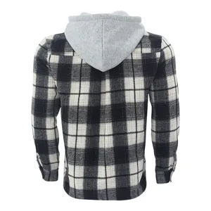 Men's black and white plaid flannel hooded shirt casual jacket long sleeve streetwear.