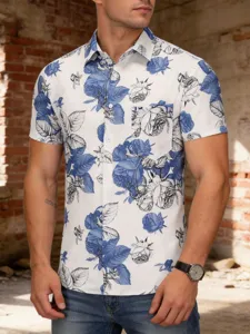 Men's blue and white floral short sleeve shirt detailed view showing print and fabric quality.