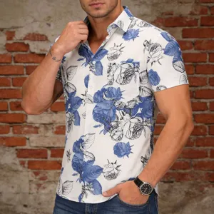 Men's blue and white floral short sleeve shirt featuring classic lapel and single chest pocket.