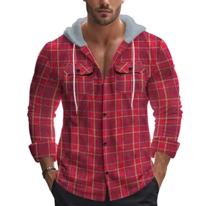 Men's Vintage Plaid Hooded Flannel Shirt Casual Long Sleeve Button Down Shirt Jacket