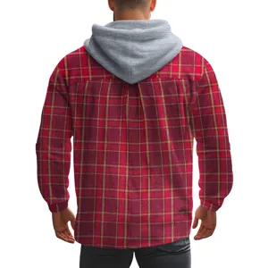 Men's red plaid hooded flannel shirt casual long sleeve button down jacket winter outerwear