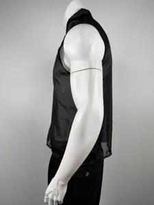Heren stijlvol zwarte transparente mesh mouwloze vest satin das kraag club top