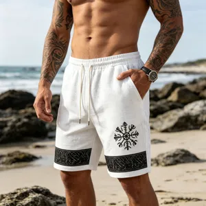 Detailed view of men's casual linen-blend shorts with Viking rune totem and beach style.