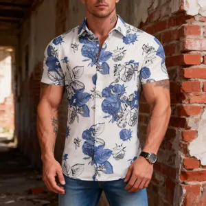 Men's blue and white floral short sleeve shirt casual hawaiian summer vacation button down